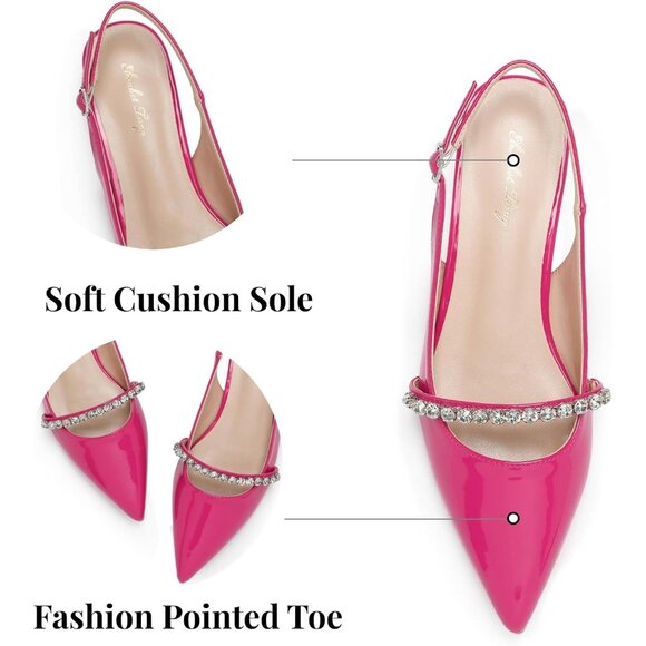 Women Hot Pink Polyurethane (PU) Rhinestone Pointed Toe Slingback Flats Shoes - Picture 2 of 9